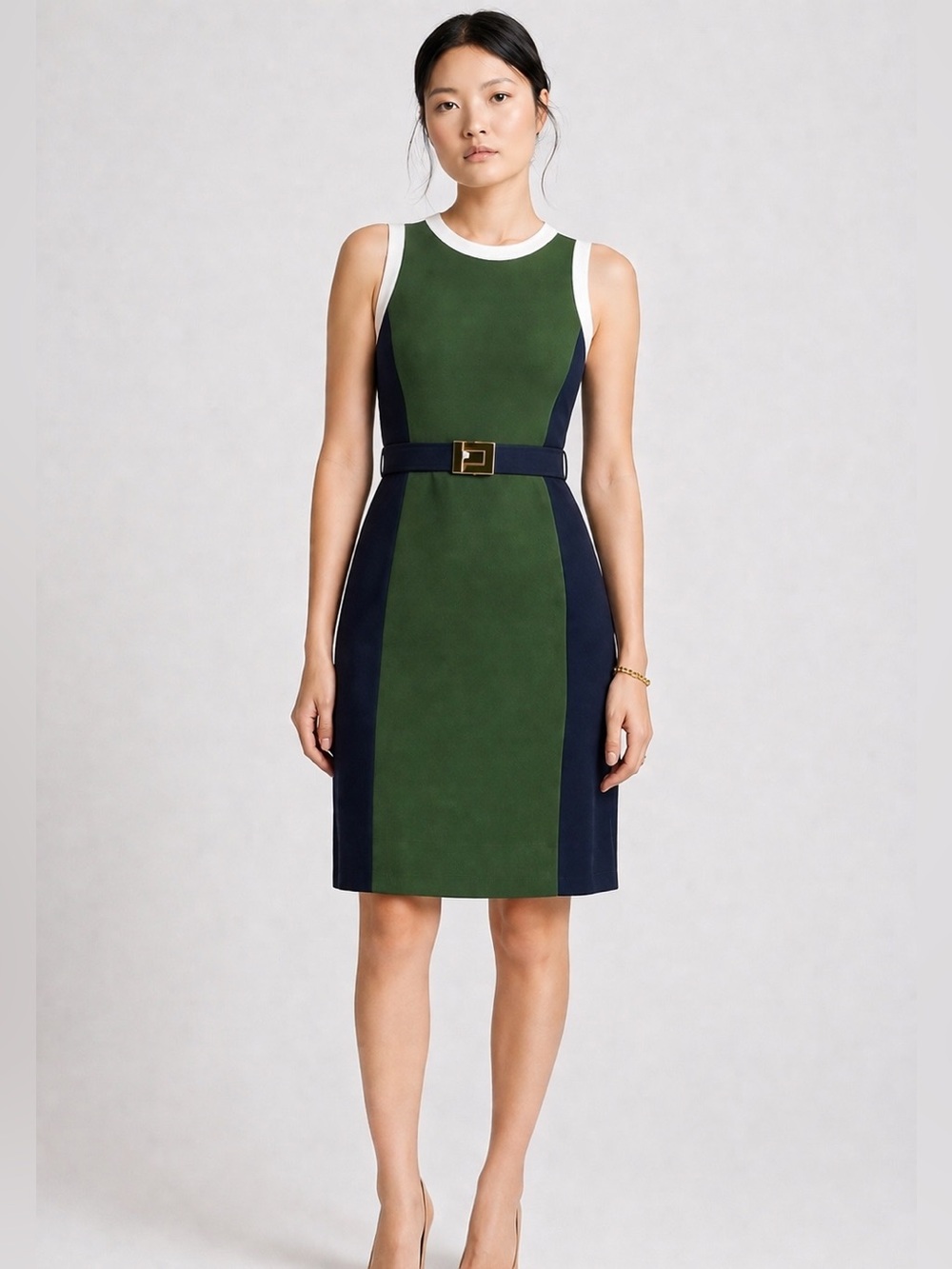 Tory Burch Colorblock Belted Sheath Dress Green Navy White M